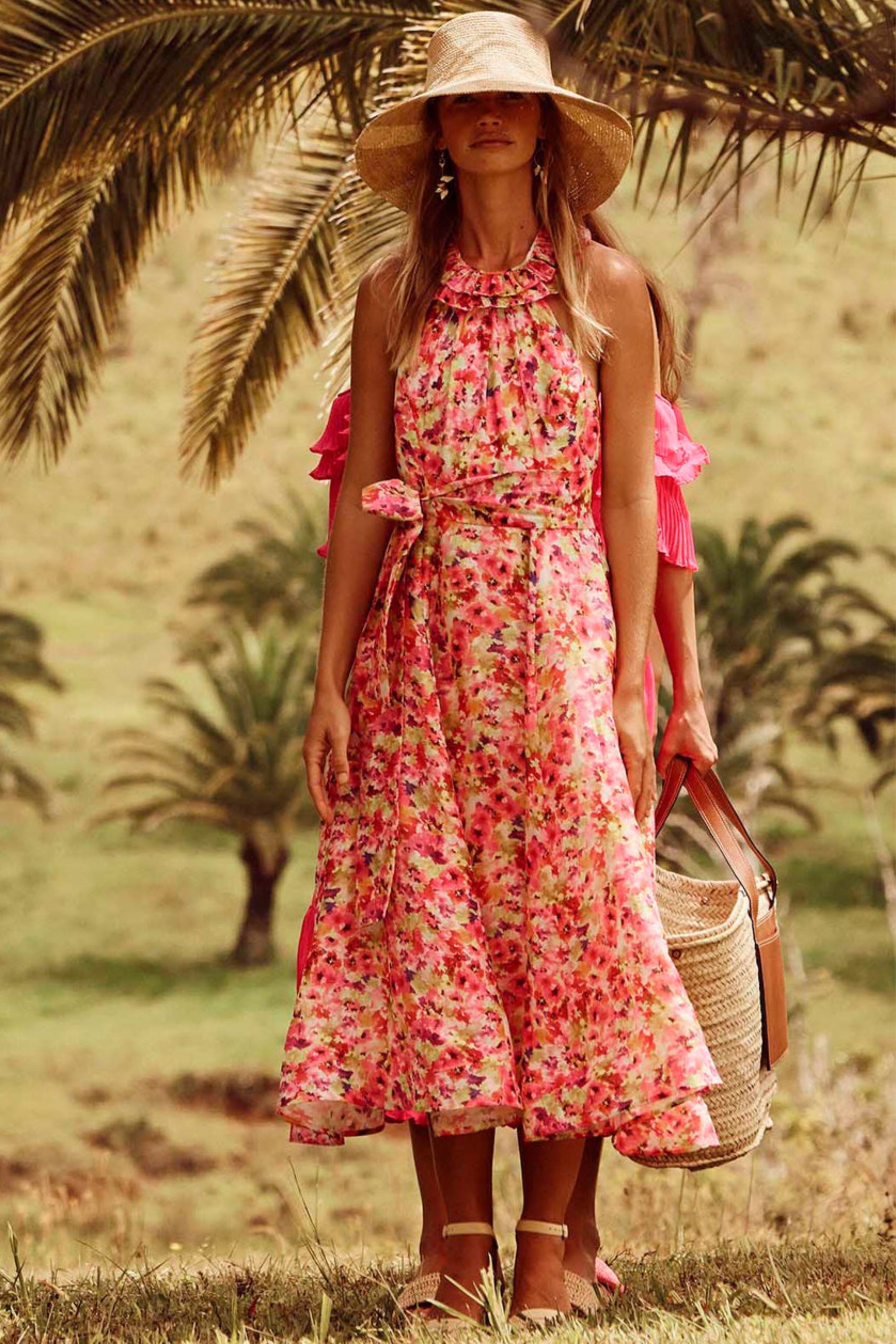 LA MAISON TALULAH Angelita Halter Midi Dress Pink Yellow Floral Smoke Mirrors Boutique