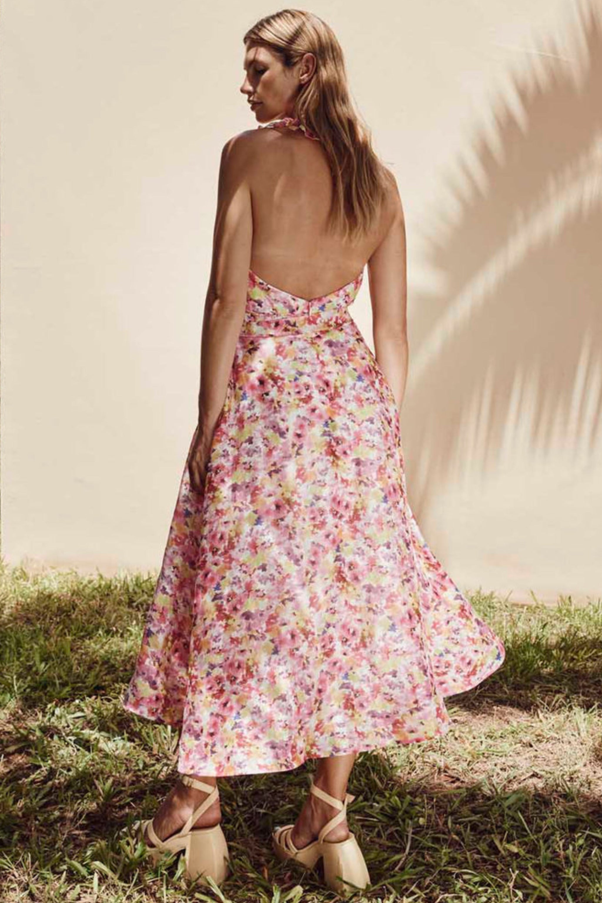 LA MAISON TALULAH Angelita Halter Midi Dress Pink Yellow Floral Smoke Mirrors Boutique