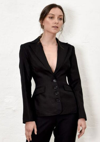 Linen Cinch Waist Jacket - Black