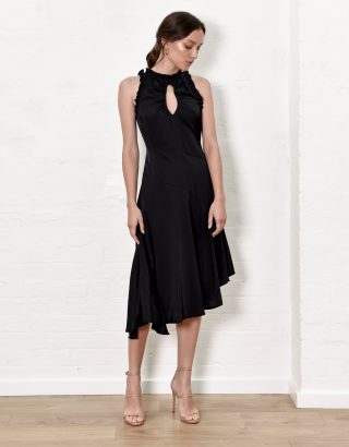 Satin Keyhole Midi Dress - Black