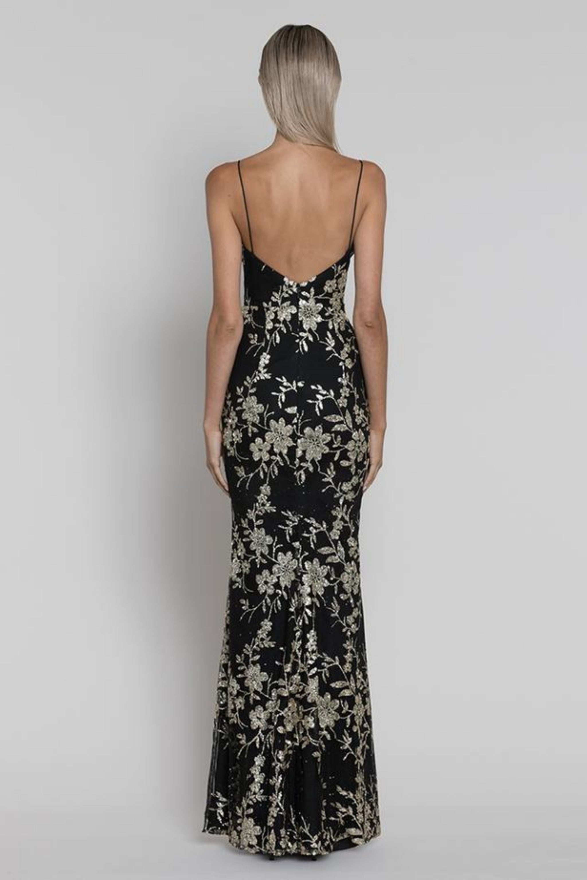 BARIANO Julia Ishtail Glitter Gown Black Gold Smoke Mirrors Boutique