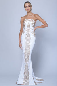 Nahema Strapless Pattern Sequin Gown - White/Gold