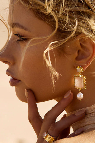 Clementine Earrings - Moonstone, Rose Quartz, and Pearl