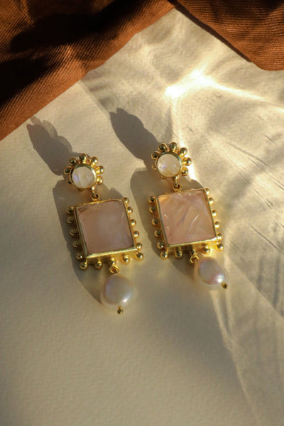Clementine Earrings - Moonstone, Rose Quartz, and Pearl