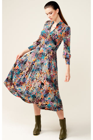 Brubeck Pleated Midi Dress - Black Orange Retro Floral