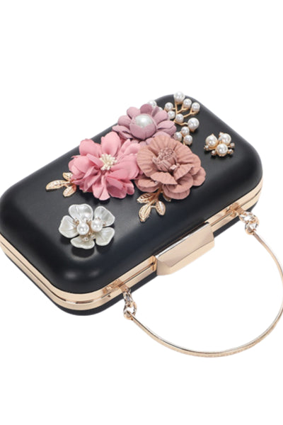 3D Flower and Pearl Hard Case Clutch - Black