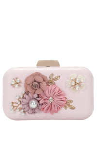 3D Flower and Pearl Hard Case Clutch - Pink