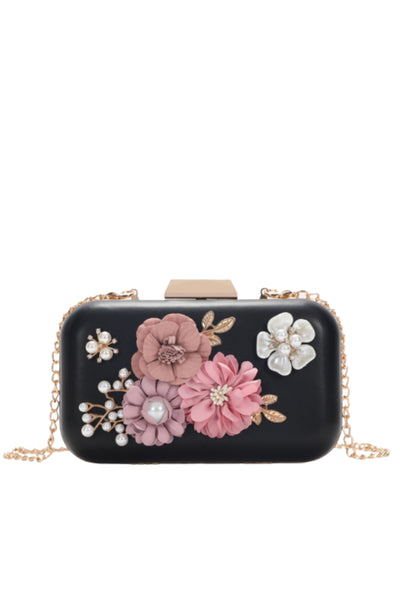 3D Flower and Pearl Hard Case Clutch - White