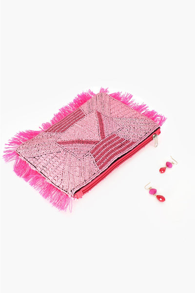 Bead Pattern Front Fringed Small Clutch - Pink