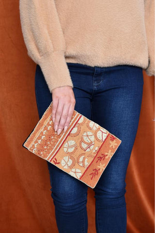 Bead Pattern Panels Zip Top Clutch - Tan Peach