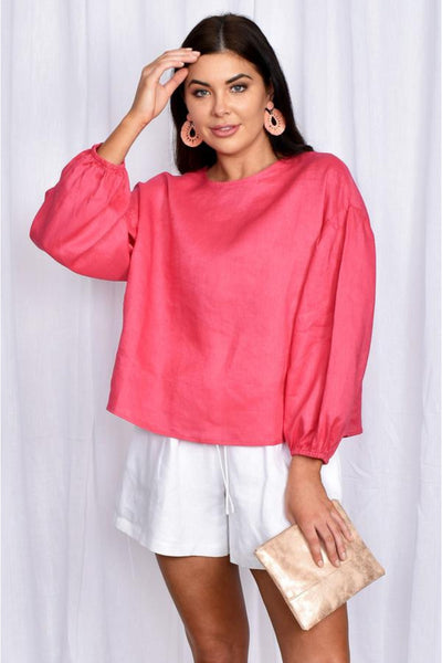 Buy Adorne Billy Linen Shorts in White. Mid Length White Linen Shorts with Drawstring Waist and Hot Pink Linen Long Sleeve Top.