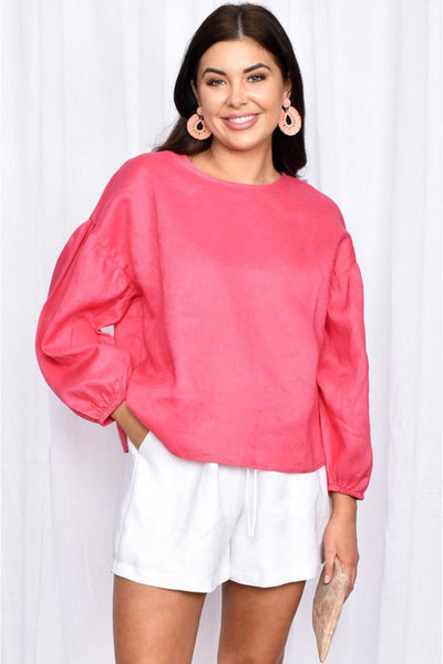 Buy Adorne Bonnie Puff Sleeve Linen top in Hot Pink. Bright pink long sleeve linen oversized top.