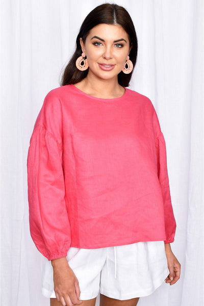 Buy Adorne Bonnie Puff Sleeve Linen top in Hot Pink. Bright pink long sleeve linen oversized top. White Linen Shorts. 