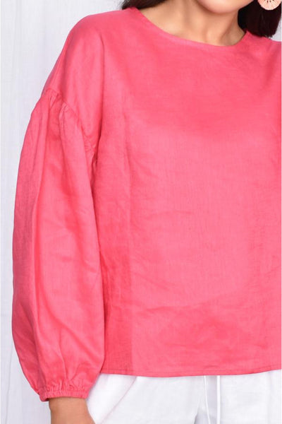 Buy Adorne Bonnie Puff Sleeve Linen top in Hot Pink. Bright pink long sleeve linen oversized top. White Linen Shorts. 