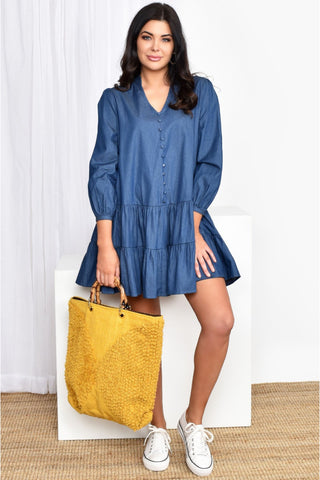 Buy Adorne Emma Drop Waist Mini Dress in Denim. Short tiered dress with 3/4 sleeves. Beach Dress and Casual Dresses online Australia.