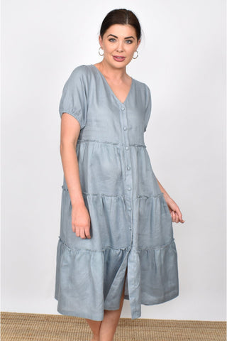 Gracie Layered Linen Midi Dress - Steel Grey