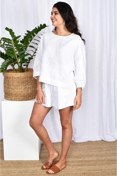 Buy Adorne Heidi Oversized White Linen Blouse and Matching White Linen Shorts. Casual and Beach Clothing online Australian Boutique.