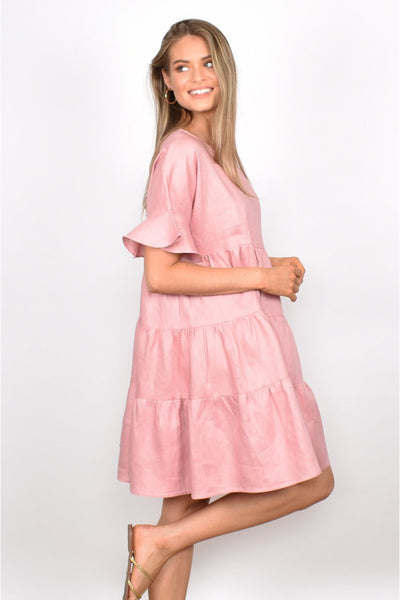 Piper Linen Frill Dress - Pink
