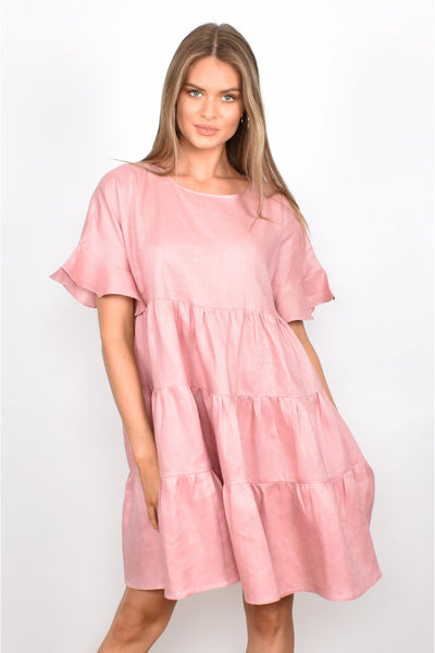 Piper Linen Frill Dress - Pink