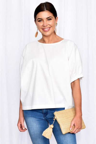 Buy Adorne Pippa Unstructured Top in White online now at Smoke and MIrrors Boutique. Adorne Stockists Brisbane. White Cotton Poplin Oversized blouse with elasticated sleeves.