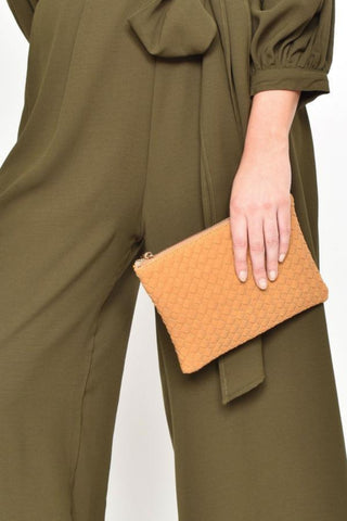 Faux Suede Weave Pouch - Mustard