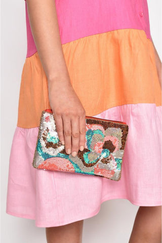 Floral Sequin Bead Small Zip Top Clutch - Coral Multi