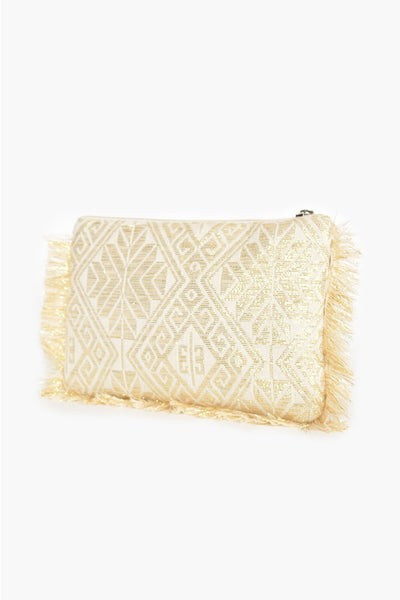 Fringed Beaded Front Zip Top Small Clutch - Gold Cream