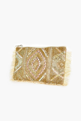 Fringed Beaded Front Zip Top Small Clutch - Gold Cream