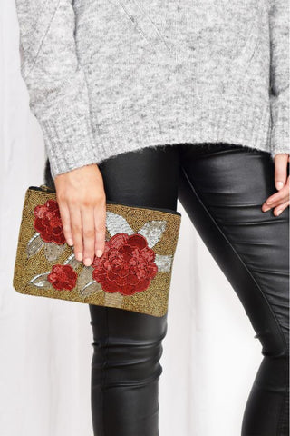 Gabi Beaded Bouquet Zip Top Clutch - Red Gold