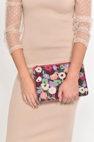 Monets Garden Beaded Zip Top Clutch - Multi