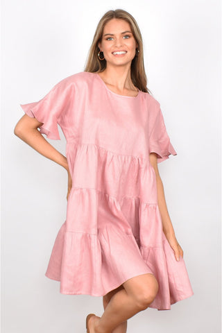 Piper Linen Frill Dress - Pink