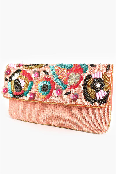 Sequin Floral Beaded Flap Over Clutch - Peach Multi
