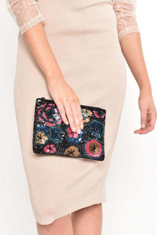 Sequin Floral Zip Top Clutch - Multi
