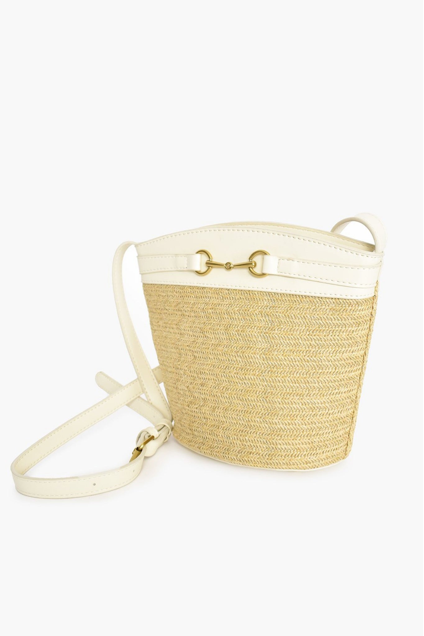 Weave Trim Toggle Front Bucket Bag - Natural/White