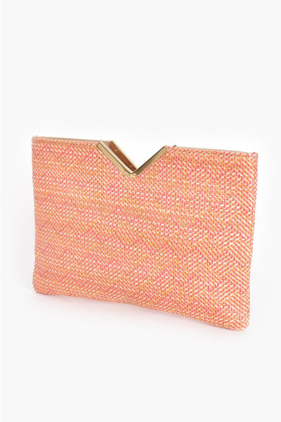 Weave V Detail Clutch - Pink/Orange