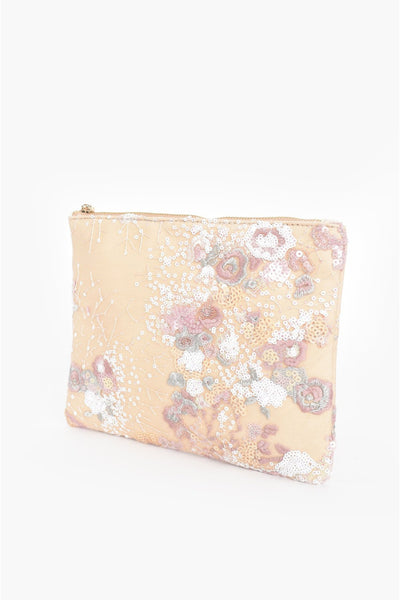 Zip Top Sequin and Embroidered Clutch - Pastel Pink