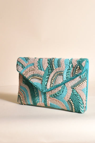 Agean Beaded Flap Over Clutch - Turquoise