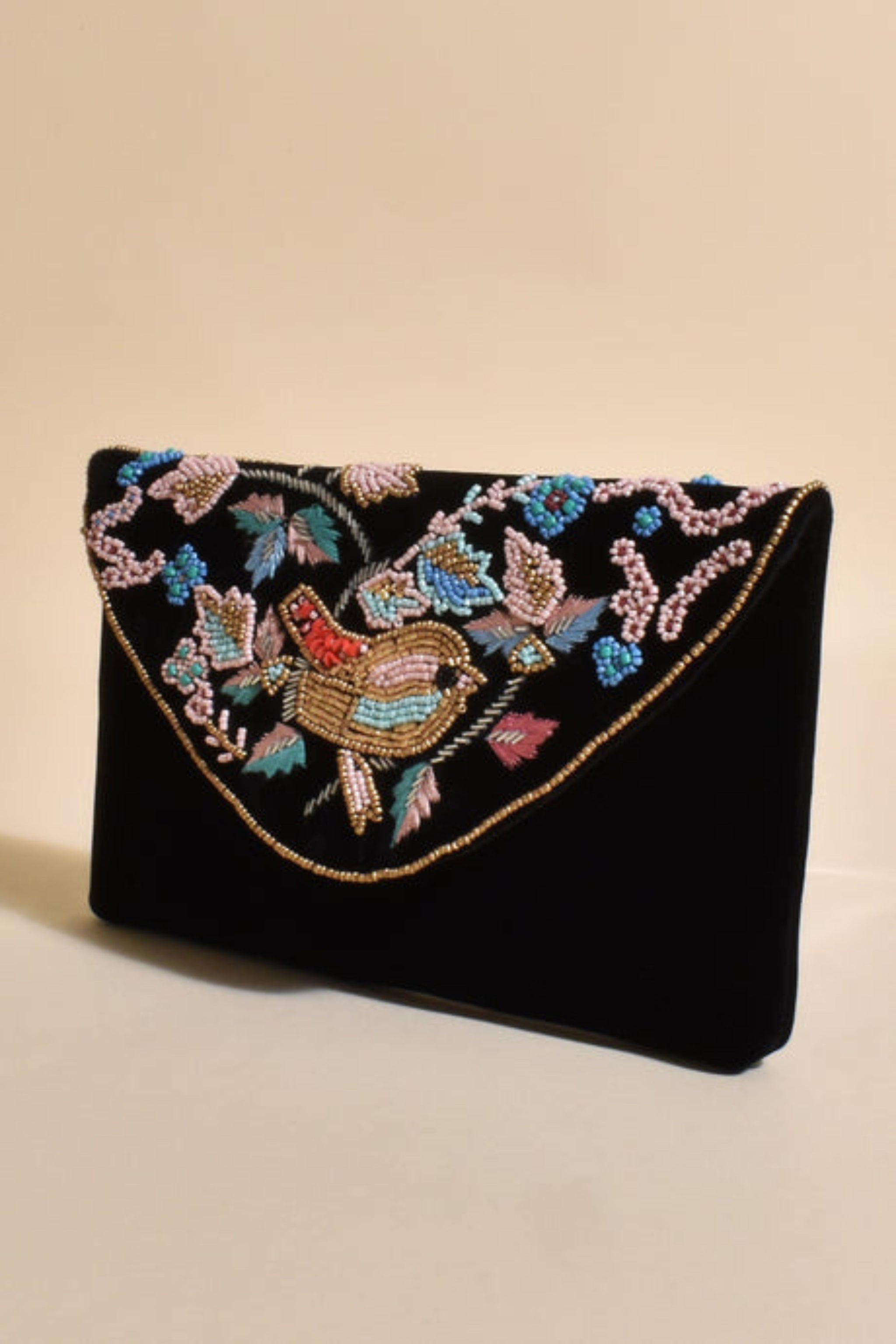 ADORNE ACCESSORIES Amar Beaded Velvet Flapover Clutch Black Smoke Mirrors Boutique