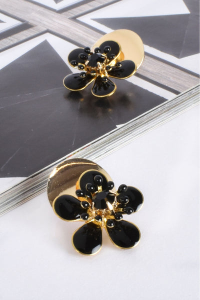 Audrey Resin Mix Flower Stud Earrings - Black Gold