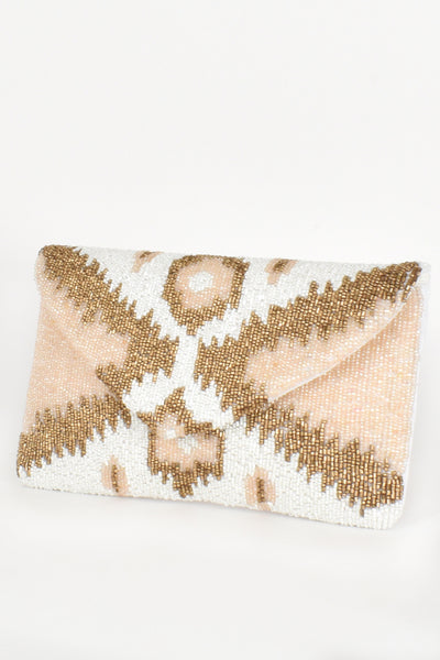 Aztec Bead Patterned Front Flap Over Clutch - White Bronze