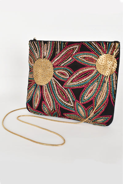 Bead and Stitch Flower Front Clutch - Black