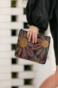 Bead and Stitch Flower Front Clutch - Black