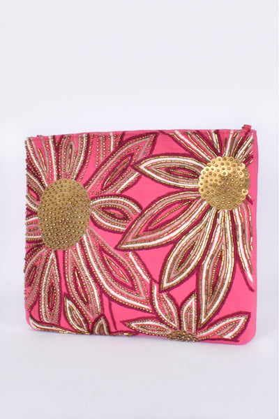 Bead and Stitch Flower Front Clutch - Pink