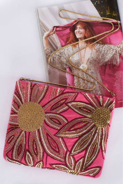 Bead and Stitch Flower Front Clutch - Pink