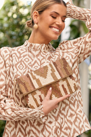 Beaded Aztec Flap Over Clutch - Bronze Natural Tan