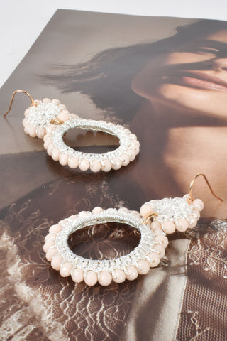 Beaded Crochet Ring Drop Hook Earrings - Peach