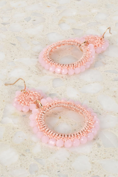 Beaded Crochet Ring Drop Hook Earrings - Pink