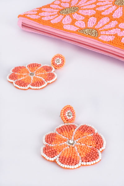 Beaded Daisy Flower Earrings - Orange