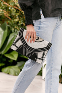 Beaded Deco Front Event Clutch - Black Silver