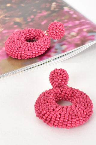 Beaded Dome Shape Earrings - Hot Pink
